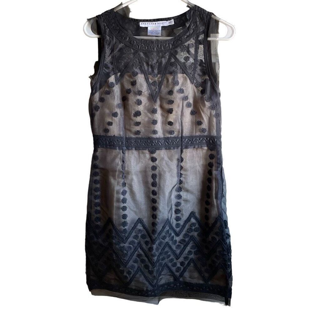 Gretchen Scott Womens Shiftdress S Black Chiffon Overlay Nude Peekaboo New Years